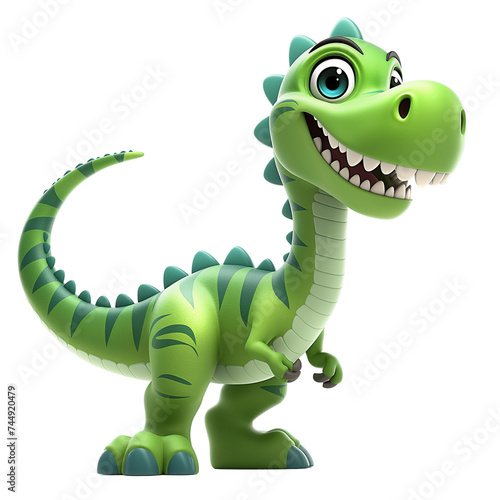 Isolated 3d cartoon funny dinosaur t-rex a white background. Sweet friendly cute dinosaur. A parody  a caricature. Isolated on white background as transparent PNG