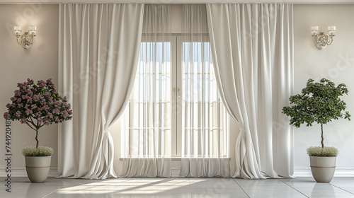 White tied back curtains with potted trees and wall sconces