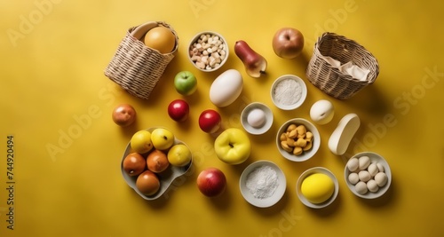  Fresh produce and eggs on a vibrant yellow background