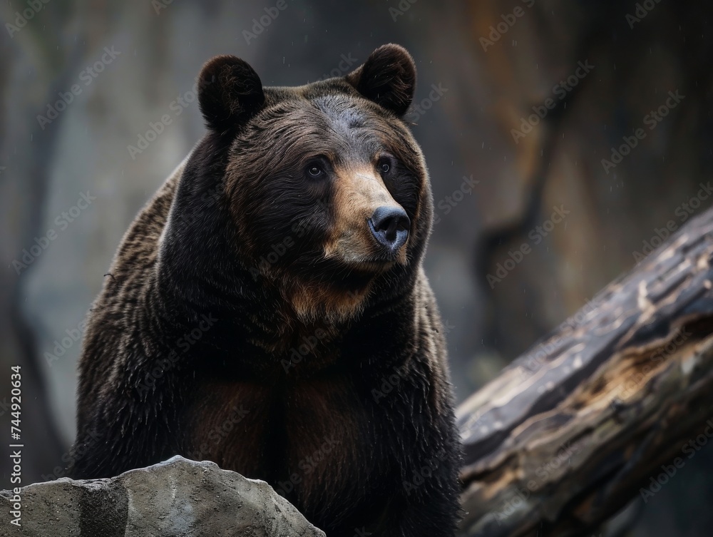 Regal portrait of a bear with a thoughtful gaze, set against a rustic, natural backdrop, showcasing its majestic presence Regal portrait of a bear with a thoughtful gaze, set against a rustic, natural backdrop, showcasing its majestic presence