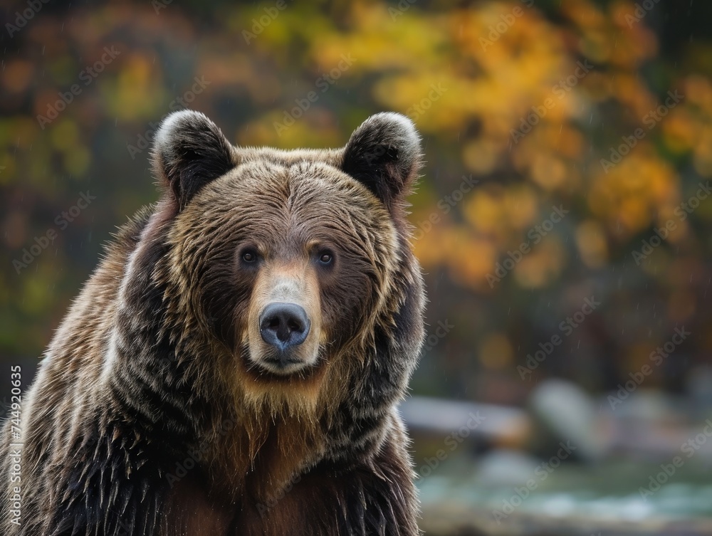 Regal portrait of a bear with a thoughtful gaze, set against a rustic, natural backdrop, showcasing its majestic presence Regal portrait of a bear with a thoughtful gaze, set against a rustic, natural backdrop, showcasing its majestic presence