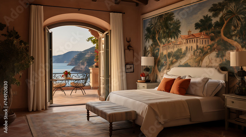 A Mediterranean-inspired bedroom with a mural of a seaside village on the terracotta wall and a bouquet of olive branches. photo
