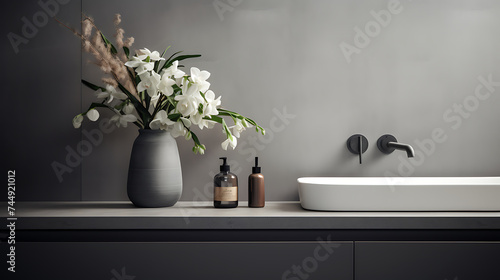 A minimalist bathroom with black and white photography on the gray tiles and a bouquet of eucalyptus on the vanity.