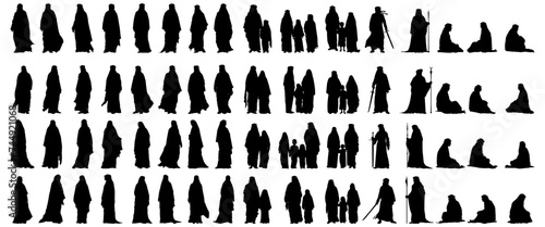 set of silhouette of arabic people. islamic muslim man woman kid family standing, sit on the ground, holding sword and sceptre. arab culture clothes. thobe, thawb kandura ghutra agal.