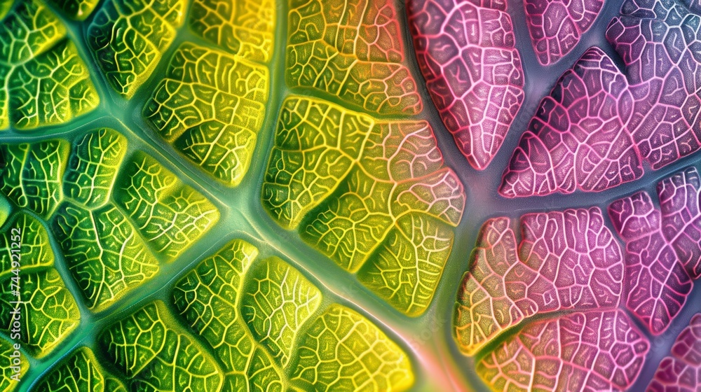 Obraz premium Microscopic marvel: unveils hidden world within a leaf, intricate veins and cells in vibrant color