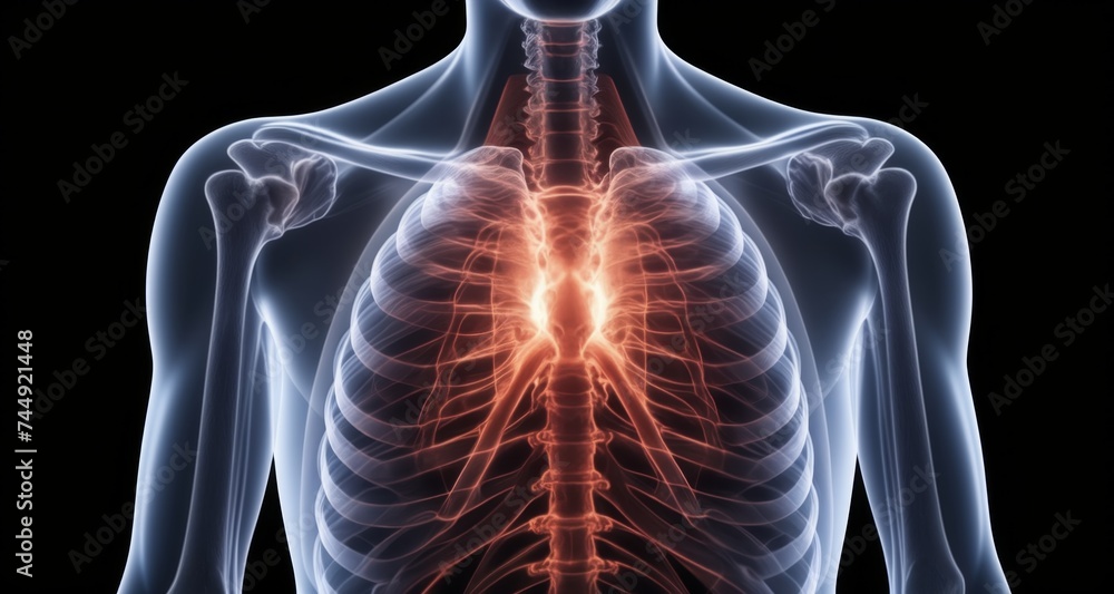 Human anatomy - A detailed 3D rendering of the human torso with internal organs and skeletal structure Human anatomy - A detailed 3D rendering of the human torso with internal organs and skeletal structure