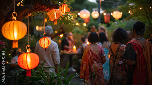 Reunião harmoniosa em jardim exuberante iluminado por lanternas e velas com culturas diversas compartilhando histórias e risos photo
