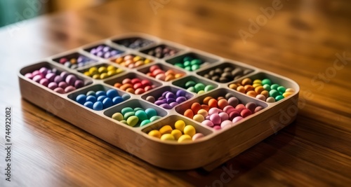  Vibrant art supplies in a wooden tray, ready for creativity