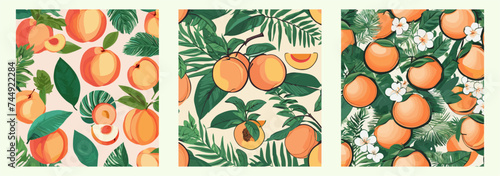Peach fruit pattern vector set. Tropical fruit background with leaves and flowers for summer, organic, healthy food, and botanical design. Seamless texture