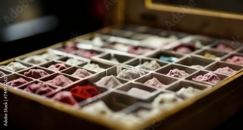  A box of colorful, textured samples, possibly for fabric or material selection