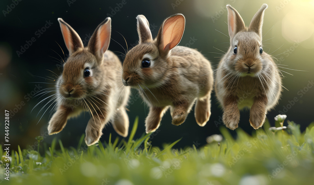 Trio of adorable rabbits caught mid-jump in a vibrant grass field, with sunlight casting a warm glow. Trio of adorable rabbits caught mid-jump in a vibrant grass field, with sunlight casting a warm glow.
