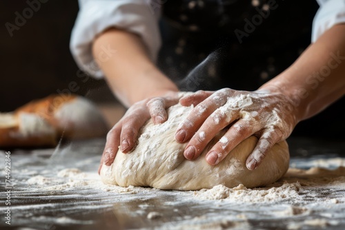 Close-up of hands kneading dough on a floured wooden surface with flying flour.