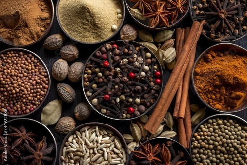 A diverse collection of spices and herbs neatly arranged, showcasing a variety of colors and textures.