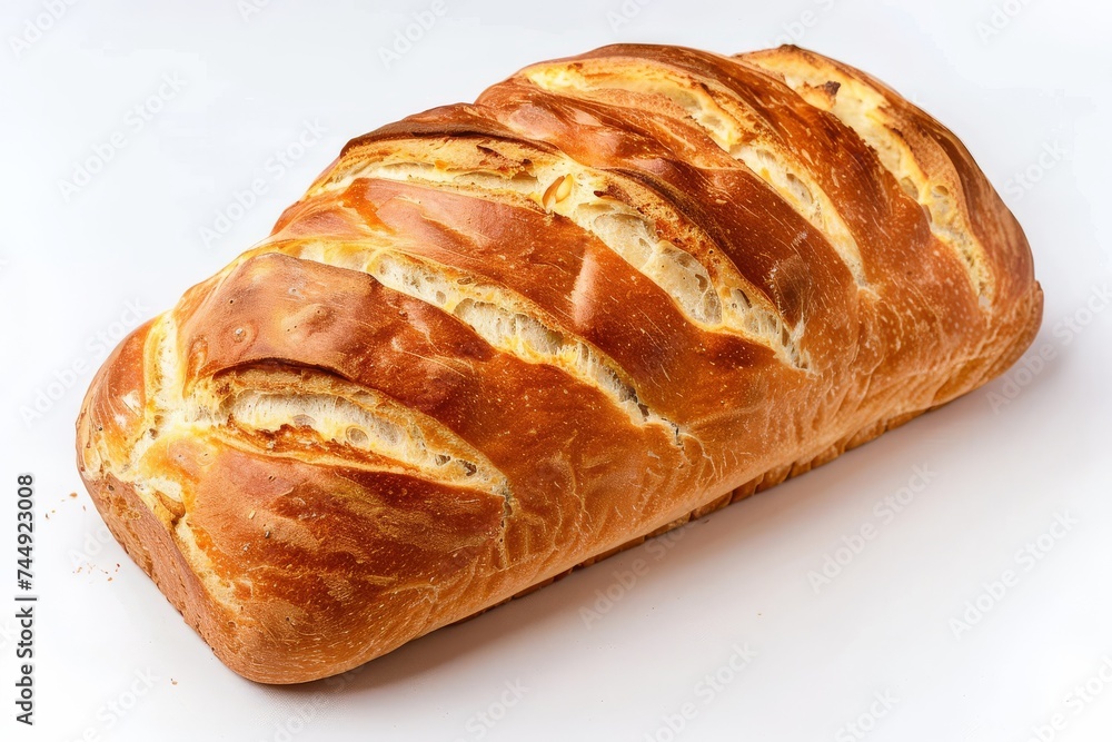 Freshly baked golden-crusted loaf of bread on a white background. Freshly baked golden-crusted loaf of bread on a white background.