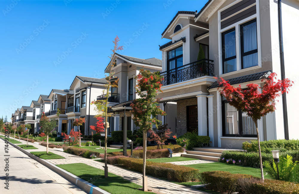 A row of elegant suburban houses with manicured lawns under a clear blue sky.