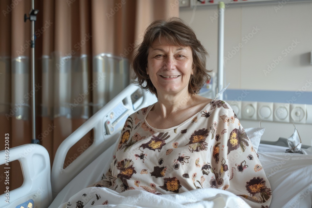 Content elderly woman smiling while recovering in a hospital bed. Content elderly woman smiling while recovering in a hospital bed.