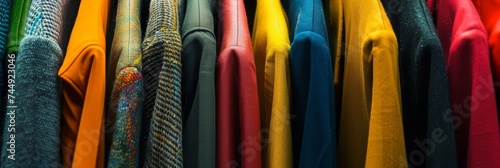 A selection of colorful knitwear hanging in a row on a clothes rack.