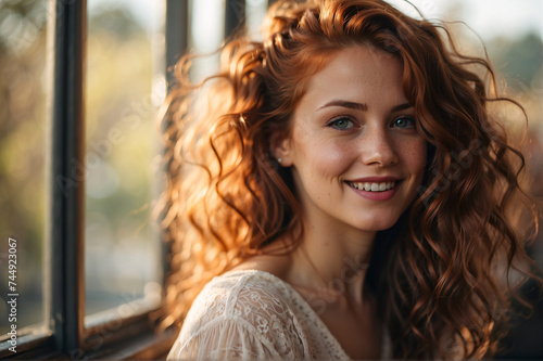 Joyful Elegance: Closeup Portrait of a Happy Redhead Lady Embracing Casual Summer Vibes