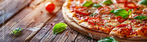 Delicious gourmet pizza with fresh toppings on a rustic wooden board.