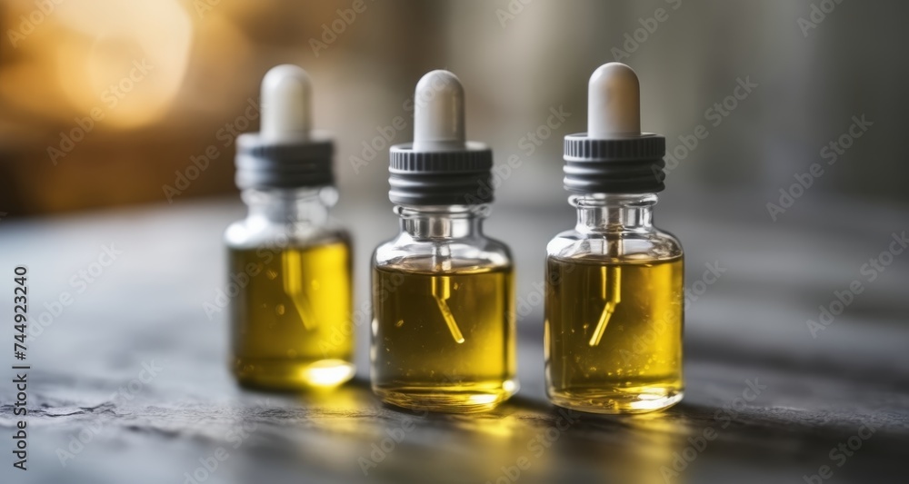 Three golden bottles with droppers, ready for use Three golden bottles with droppers, ready for use