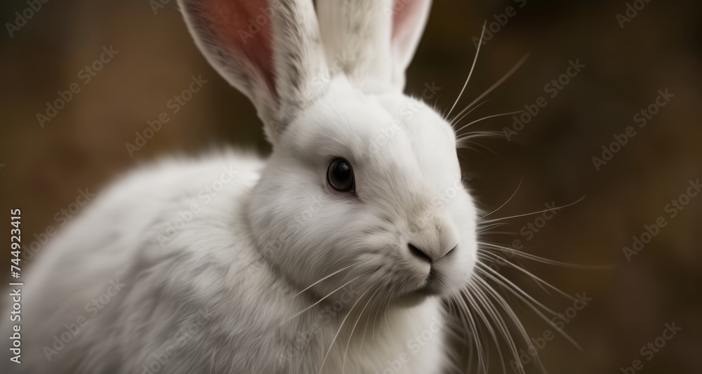 Curious and alert, the white rabbit's gaze is captivating Curious and alert, the white rabbit's gaze is captivating
