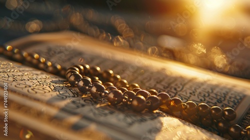 Prayer beads on top of the Quran with blurred light background.