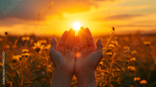 Person praying god sunset. Generate Ai