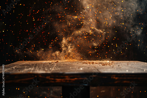 Background of Wooden Table with Fire Embers, Smoke, and Sparks photo