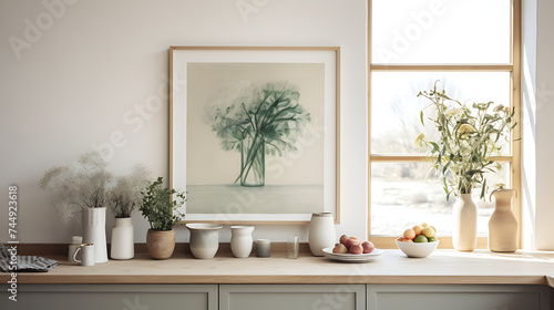 A Scandinavian kitchen with minimalist artwork on the white wall and a bouquet of fresh herbs on the windowsill.