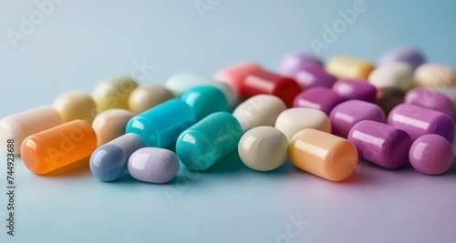  Vibrant assortment of colorful pills on a light blue background