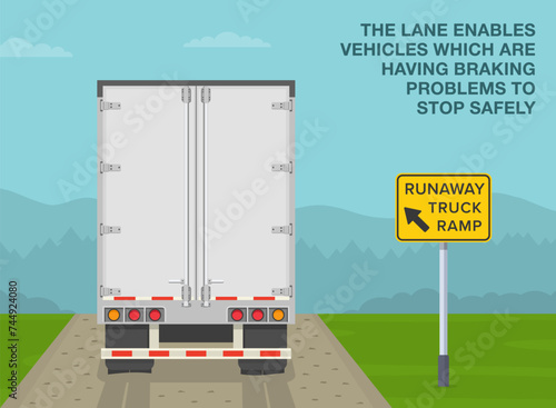 Safe car driving tips and traffic regulation rules. Back view of a truck on a runaway truck ramp. The lane enables vehicles which are having braking problems. Flat vector illustration template.