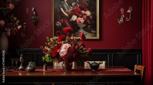 A traditional dining room with a family portrait on the maroon wall and a bouquet of peonies on the table.