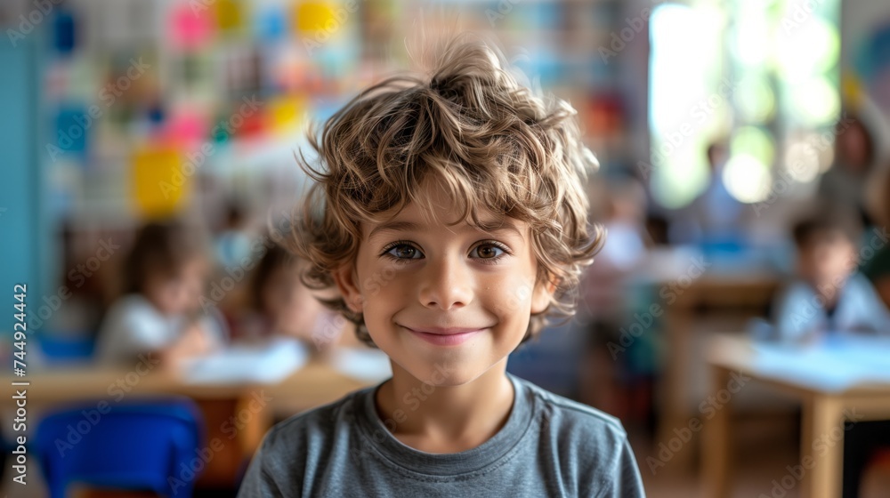 Smiling Schoolboy sitting in a classroom looking at the camera Smiling Schoolboy sitting in a classroom looking at the camera