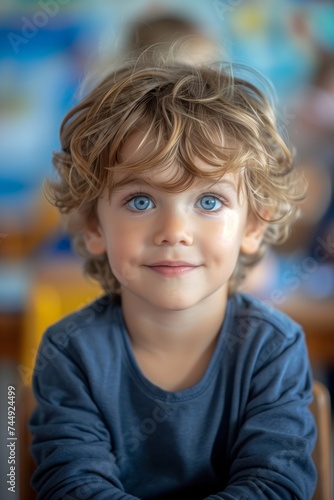 Smiling Schoolboy sitting in a classroom looking at the camera