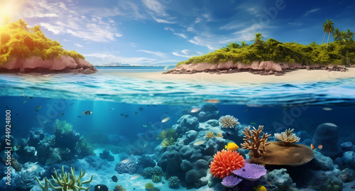 colorful tropical sea with corals on the beach