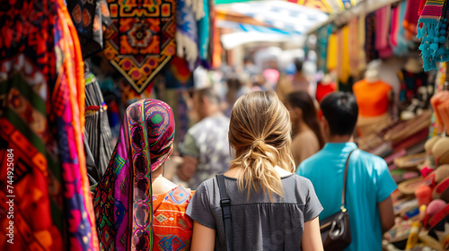 Um mercado colorido e festivo reunindo pessoas de diversas culturas em celebração de trajes tradicionais artesanato e música