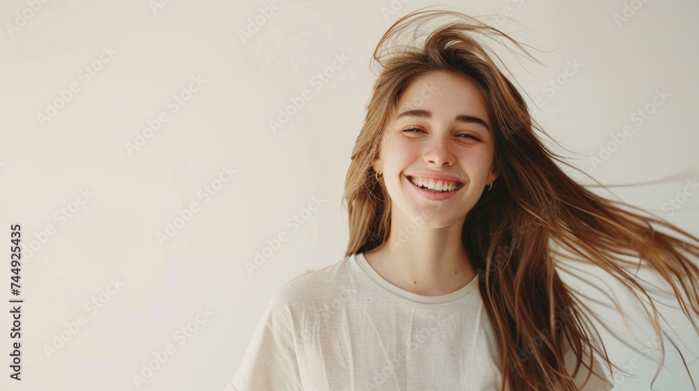 Fototapeta premium photo of a satisfied beautiful woman with no makeup happy face women's day poster