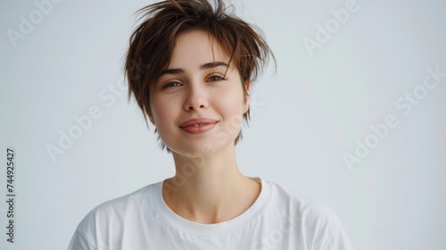 photo of a satisfied beautiful woman with no makeup happy face women's day poster