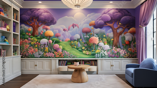 A whimsical playroom with a mural of a enchanted forest on the lavender wall and a bouquet of rainbow-colored blooms.
