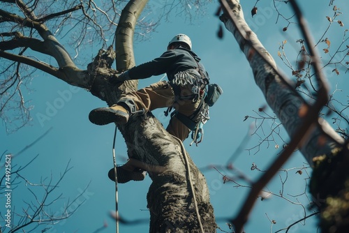 A man climbing up a large tree in the sky, in the style of darktable processing, light aquamarine and brown, precision in details, exacting precision, eco-friendly craftsmanship, suburban