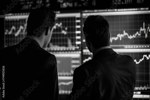 Two businessmen looking at a trading screen, in the style of black and white imagery, rich color contrasts