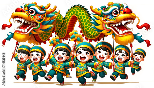 dragon and children dance performance during Chinese New Year © katobonsai