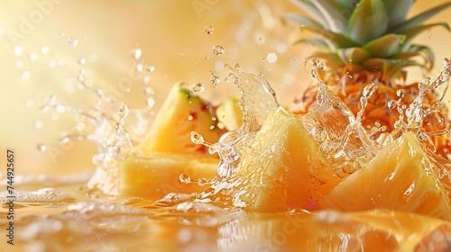 Close shot of pineapple slices on yellow backdrop with water splashes and blurry backdrop for text or product  Generative AI.