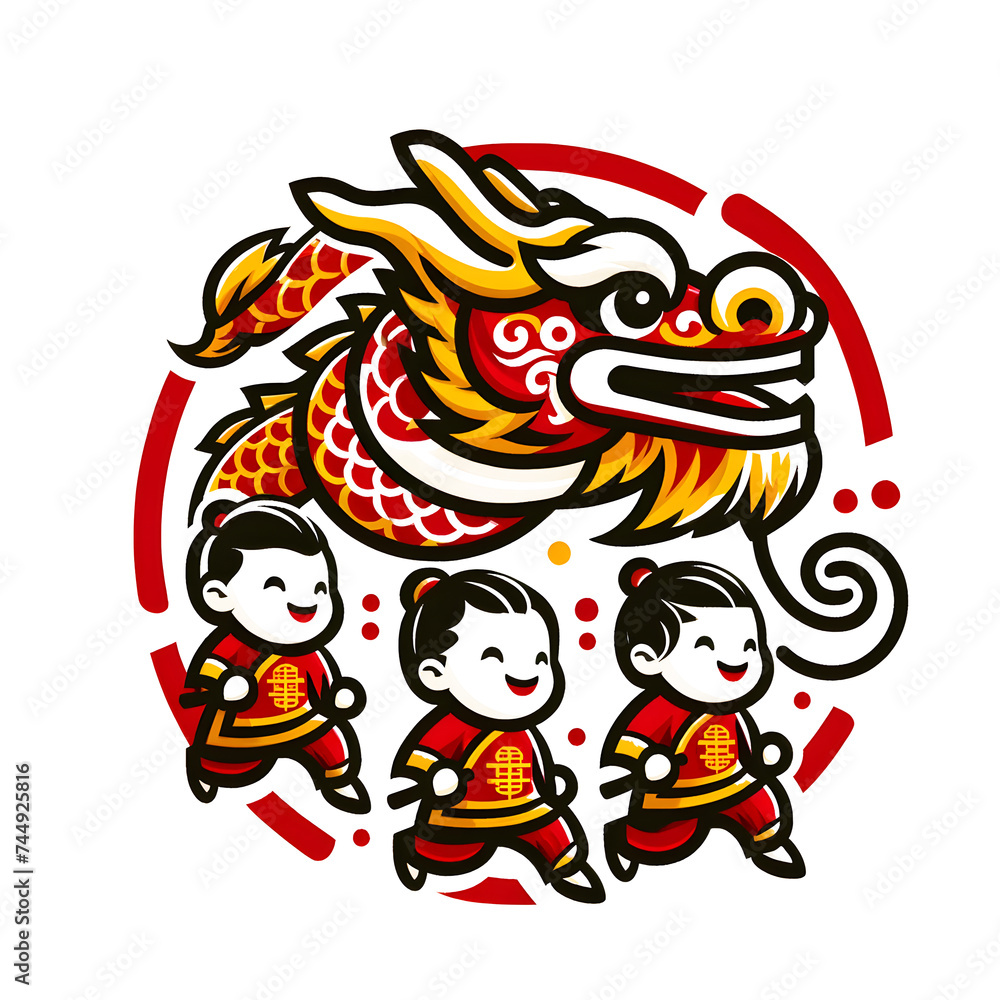 dragon and children dance performance during Chinese New Year