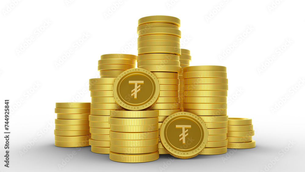 3D rendering of pile of abstract golden Mongolian Tugrik coins isolated on white background. 3D rendering of pile of abstract golden Mongolian Tugrik coins isolated on white background.