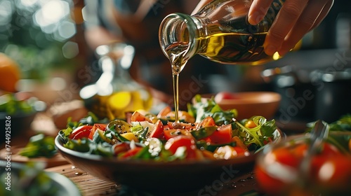 Close shot of woman hand pouring olive oil in salad in a white bowl with space for text or product, Generative AI.
