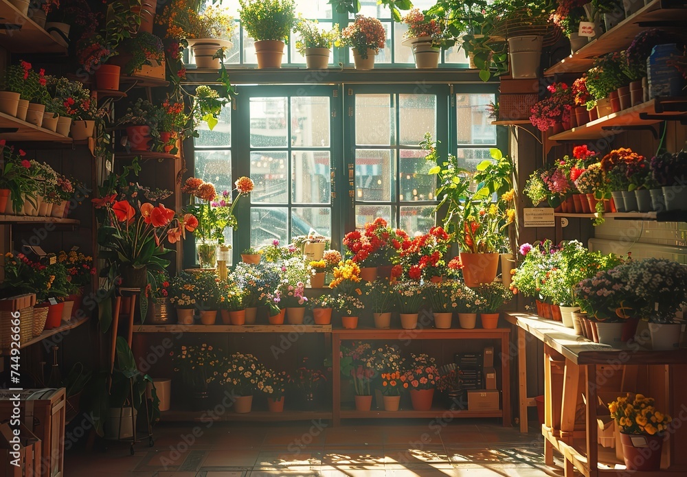 Flowers and plants on timber racks are accented by warm sunlight in this enticing flower shop and space, Generative AI.