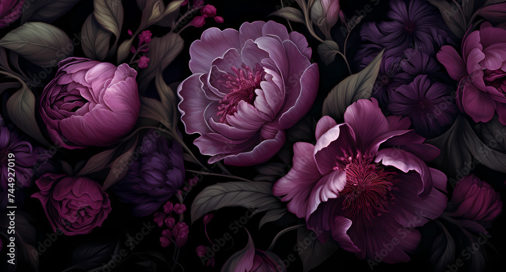 purple flowers on black background