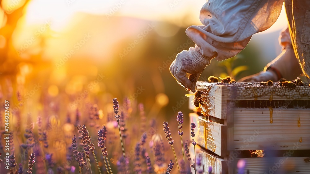 Honey getting extracted from the honey bee by a beekeeper in a lavender farm and space, Generative AI. - obrazy, fototapety, plakaty 