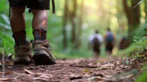 jungle trekking  group of hikers backpackers walking together outdoors in the forest 